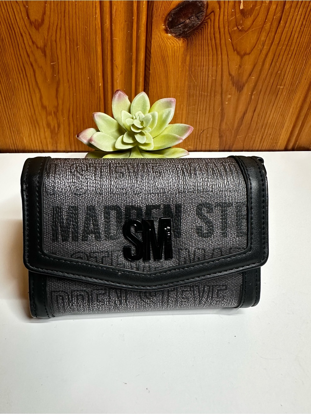 Steve Madden Black Text Print Fold-Over Wallet